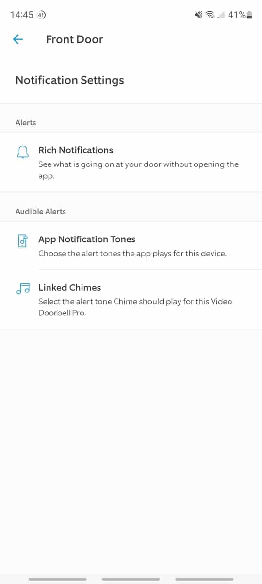 The Notification Settings section of the Ring App with options for Rich Notifications and app specific notifications