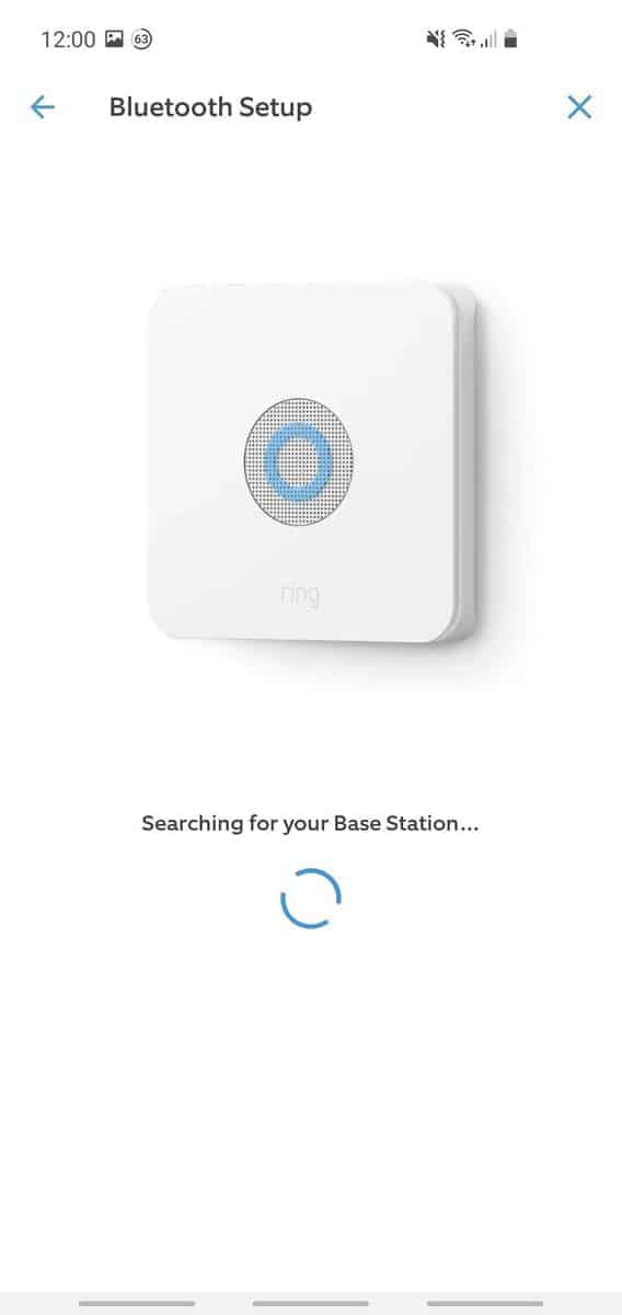 The Ring Alarm Base Station setup or pairing process is scanning for a Bluetooth connection