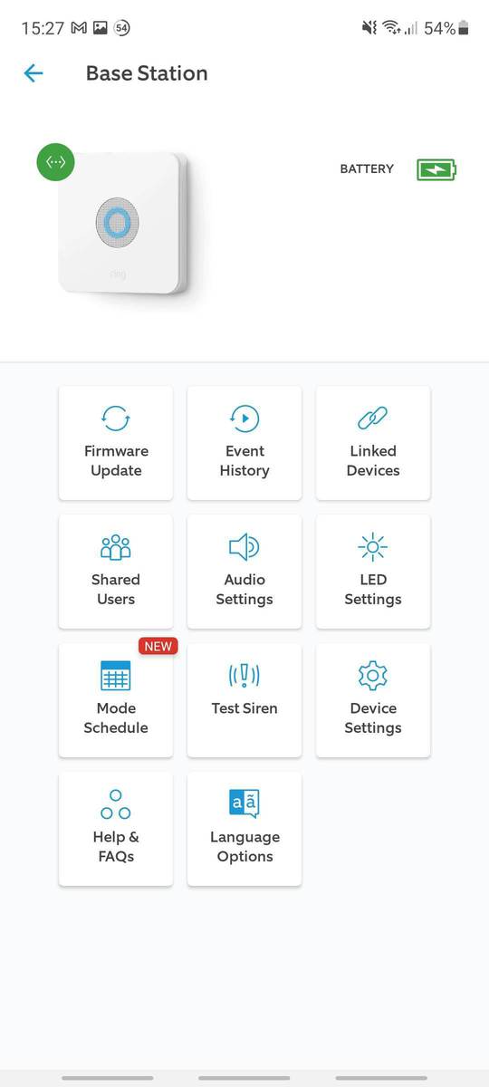 The Ring Alarm base station section of the Ring app