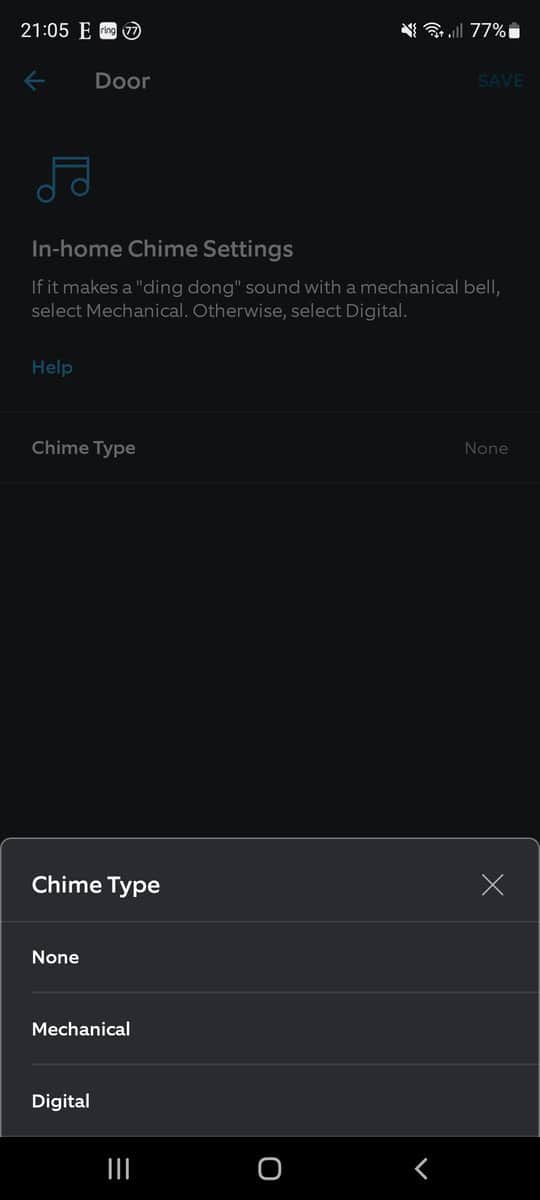The Ring app asking for the type of chime to play a sound with: the options are none, mechanical and digital