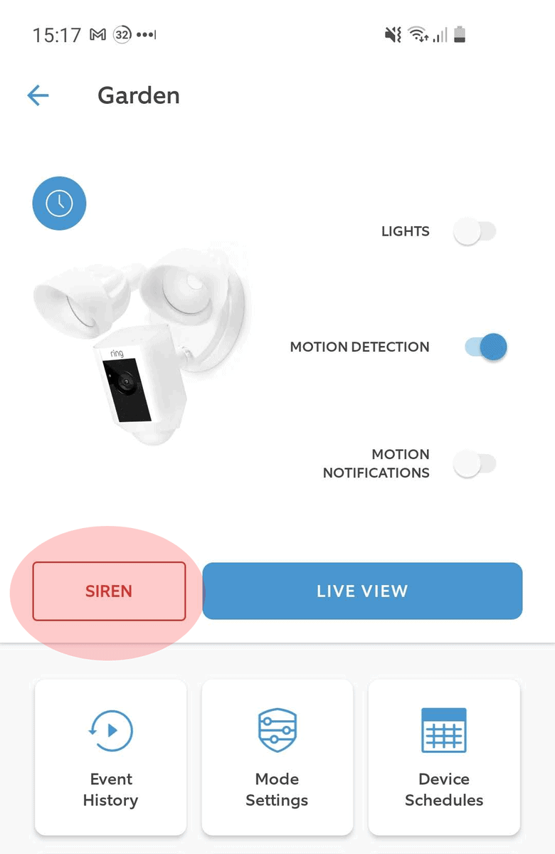 The Siren option within the Ring app