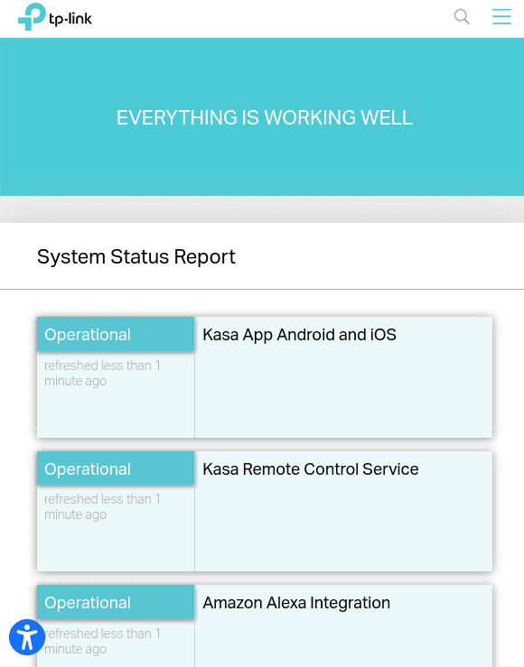 The TP Link Kasa cloud service status page