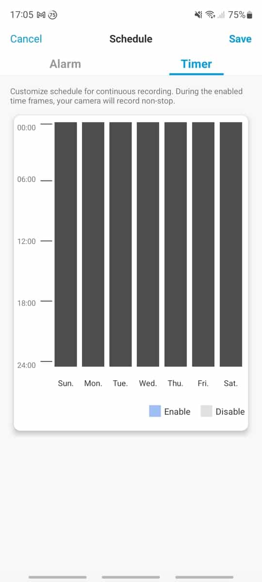 The Timer section of the Reolink app which allows you to setup continuous recording