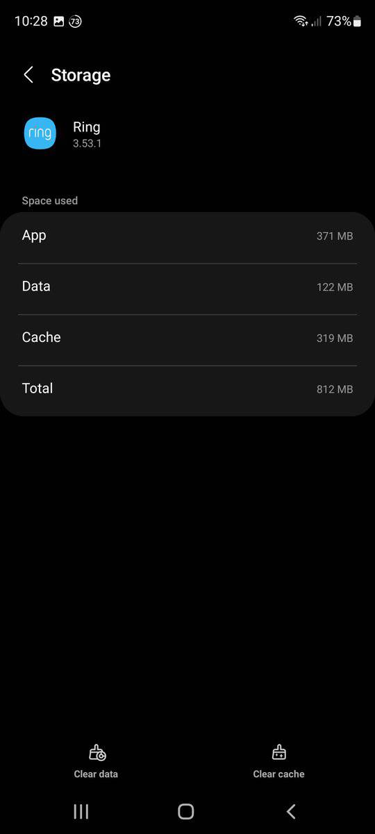 The app data and cache storage usage for the Ring app on Android