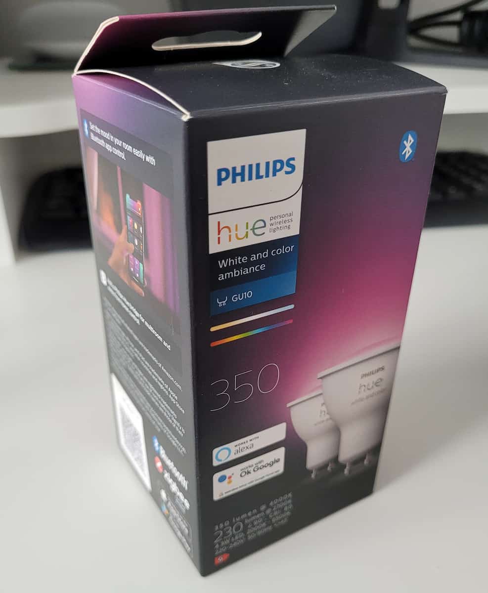 The box for a second gen Philips Hue GU10 white and color ambiance smart light bulb