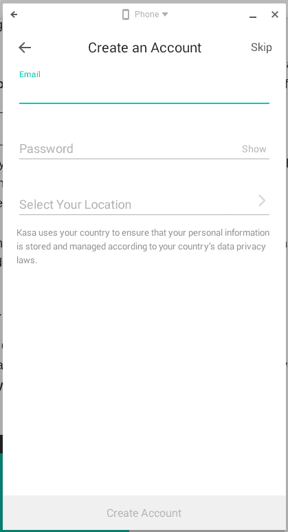 The create account section of the Kasa app