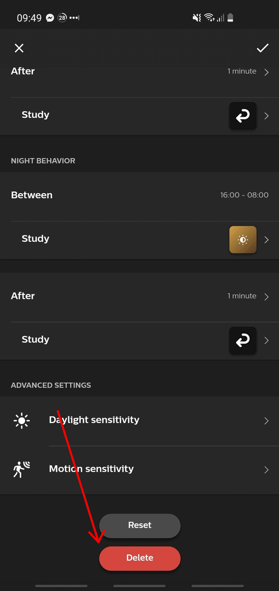 The delete button with a Hue Motion Sensor within the Hue app