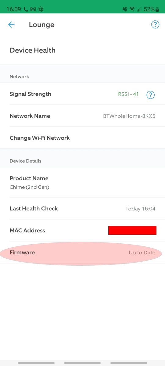 The device health section of the Ring app for a Ring Chime 2nd gen