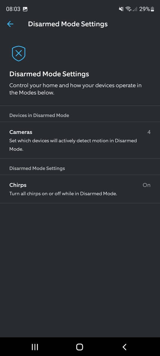 The disarmed mode settings in the Ring app