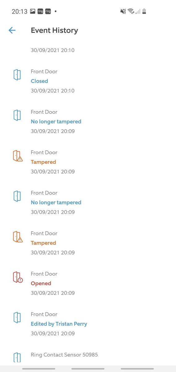 The event history of my Ring Alarm showing a few tampered errors