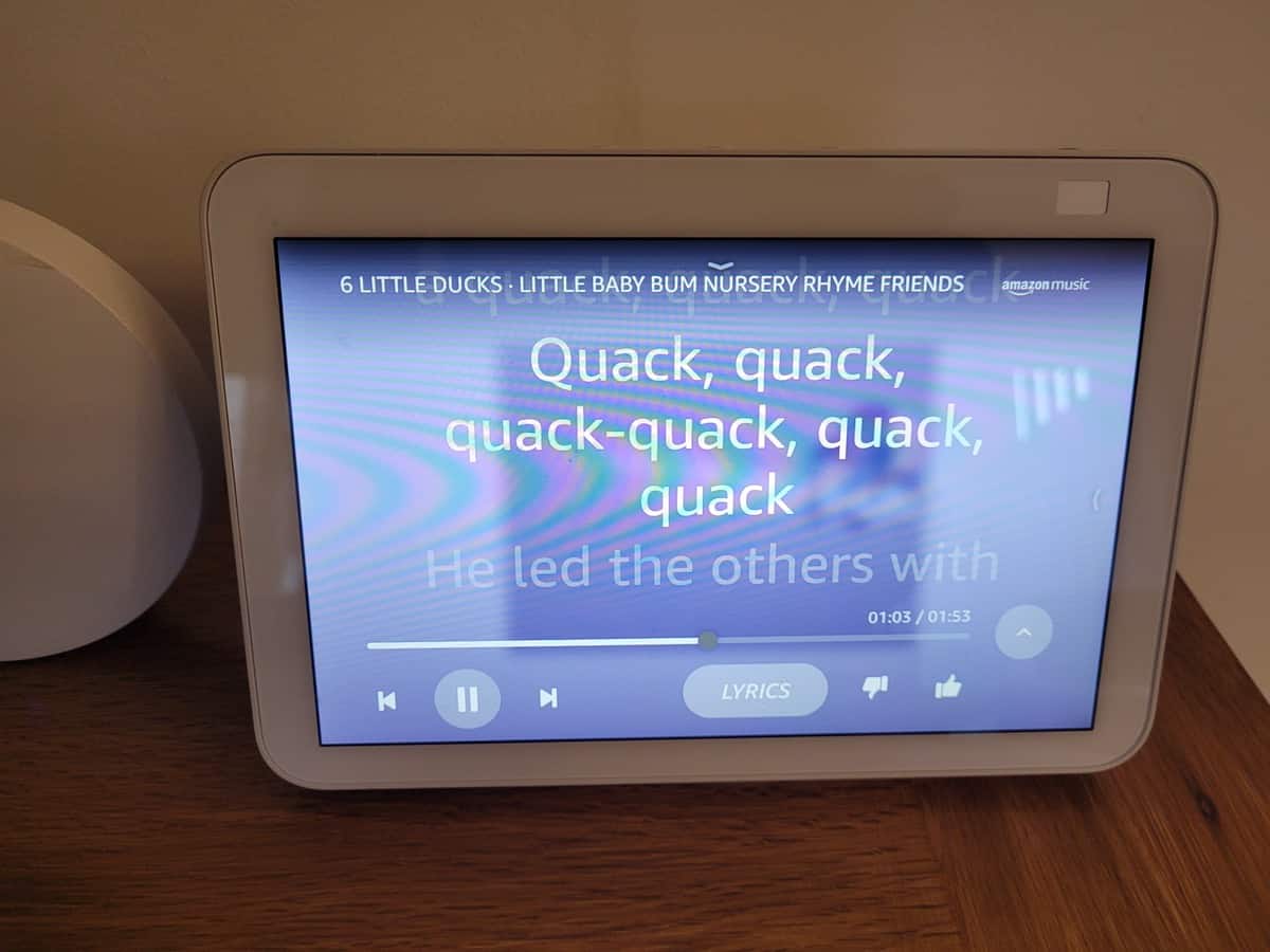 The lyrics showing on screen of the Echo Show 8