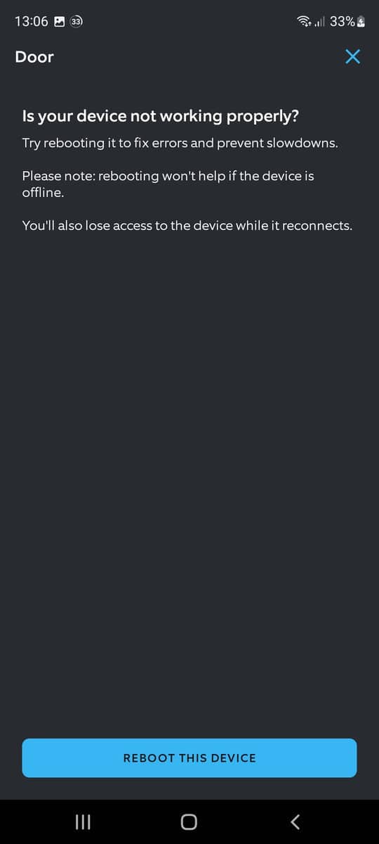 The reboot this device screen within the Ring app
