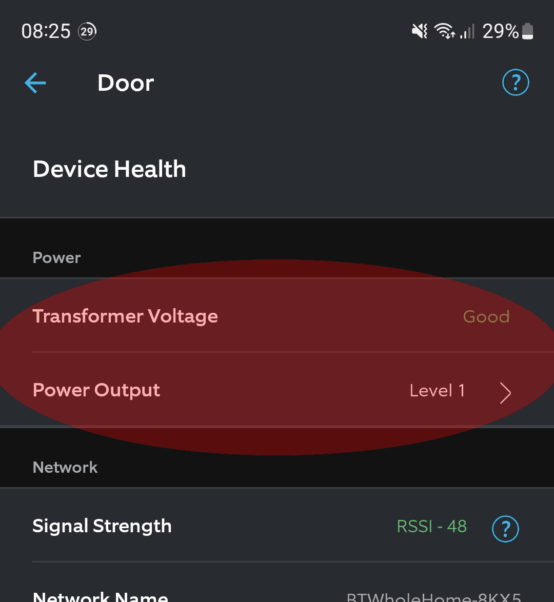 The transformer voltage and power health options under the Ring app