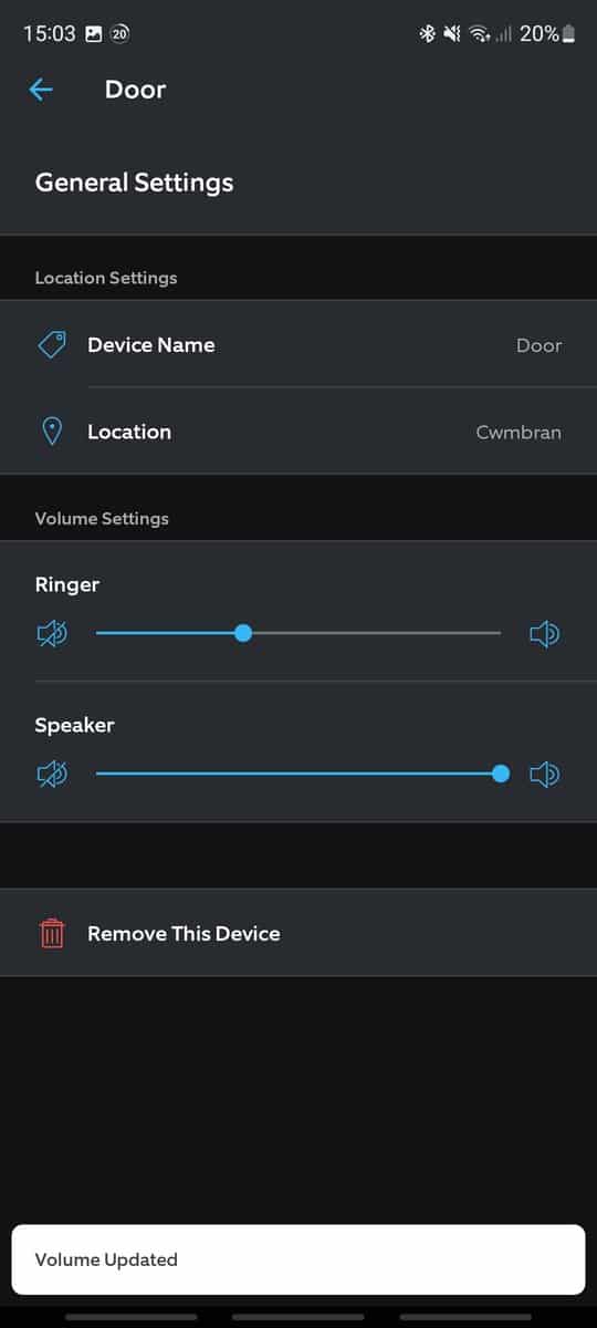 The two volume sliders for the Ring Doorbell Pro 2 within the Ring app