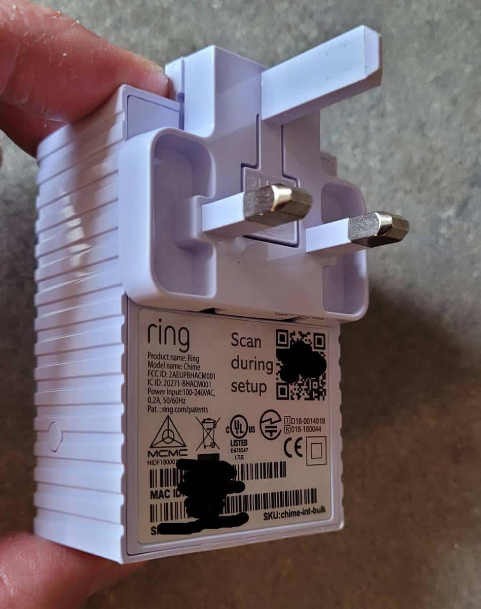 The various QR and bardcodes on the back of the Ring Chime unit