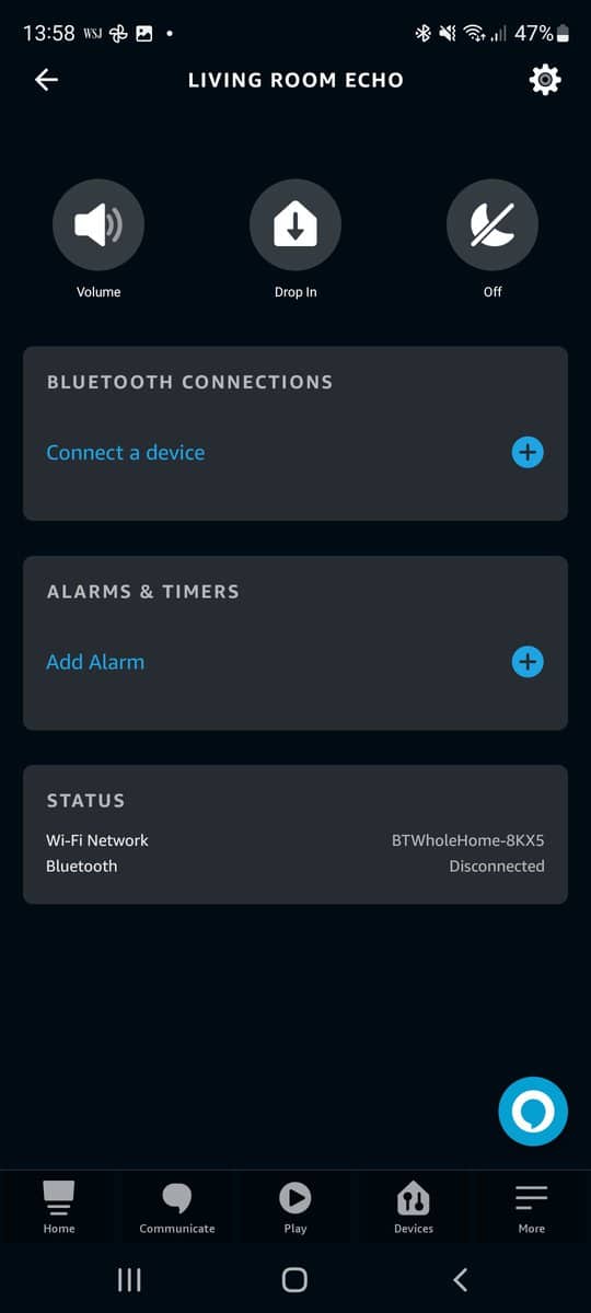 The volume drop in and do not disturb options for an Echo within the Alexa app