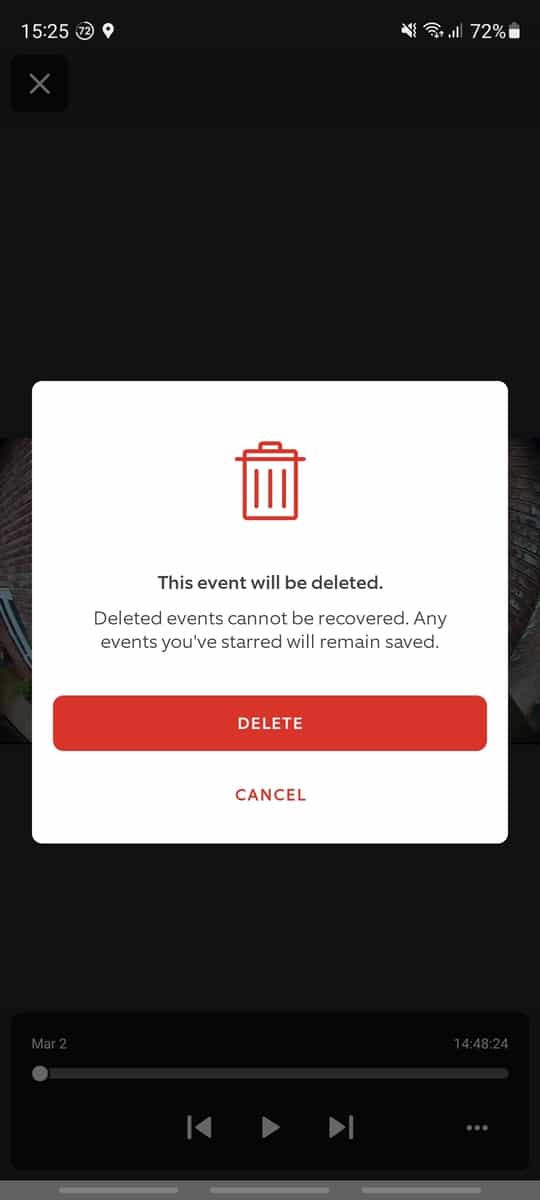 The "This event will be deleted" warning on the Ring app