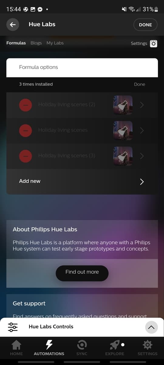 Three delete buttons next to some Hue Lab formulas