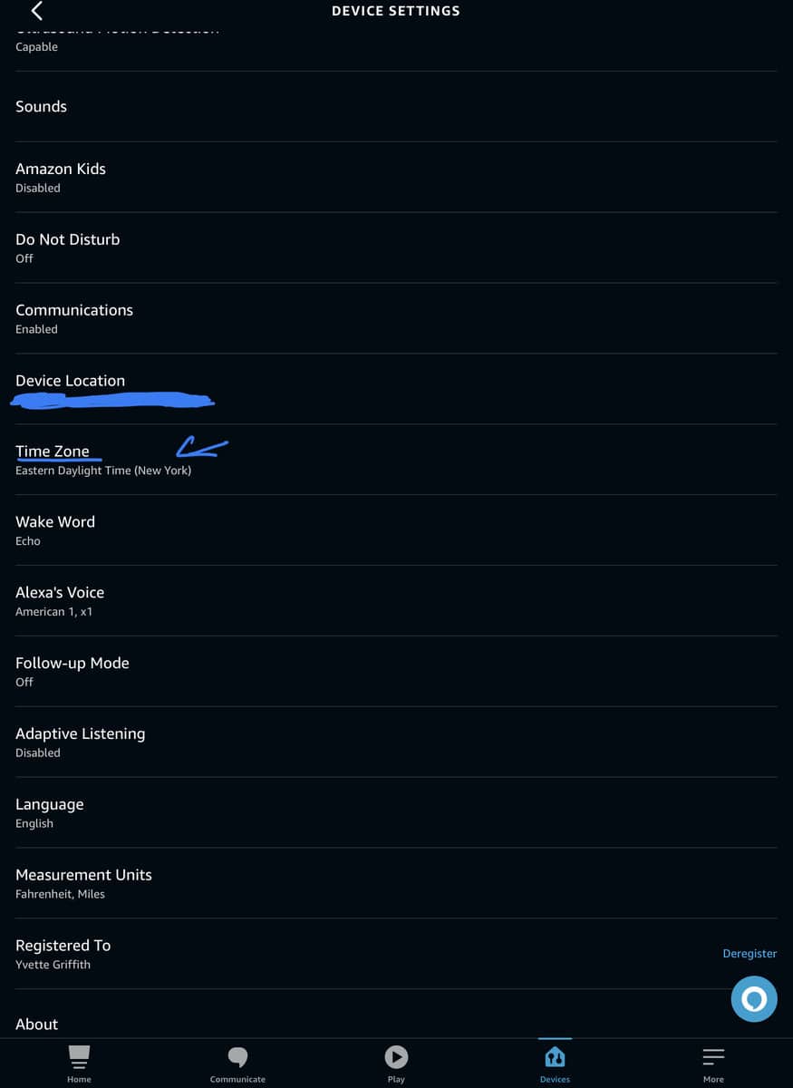 Time Zone Settings in the Alexa app