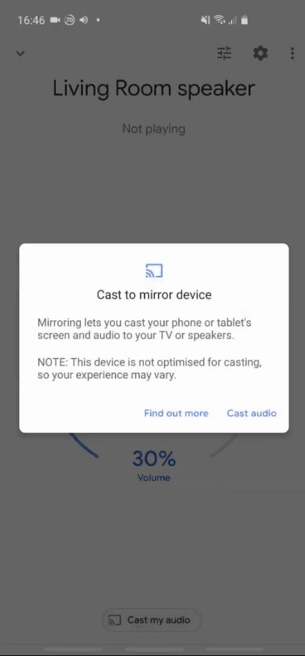 Screenshot of a phone screen, showing the message which gets displayed when 'Cast my audio' is clicked.