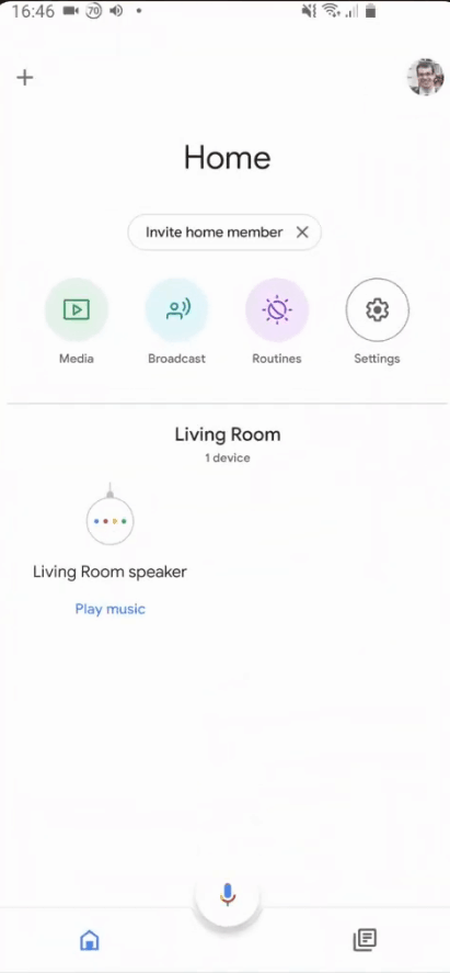 Screenshot of a phone screen, showing the Google Home app and a single Google Mini device.