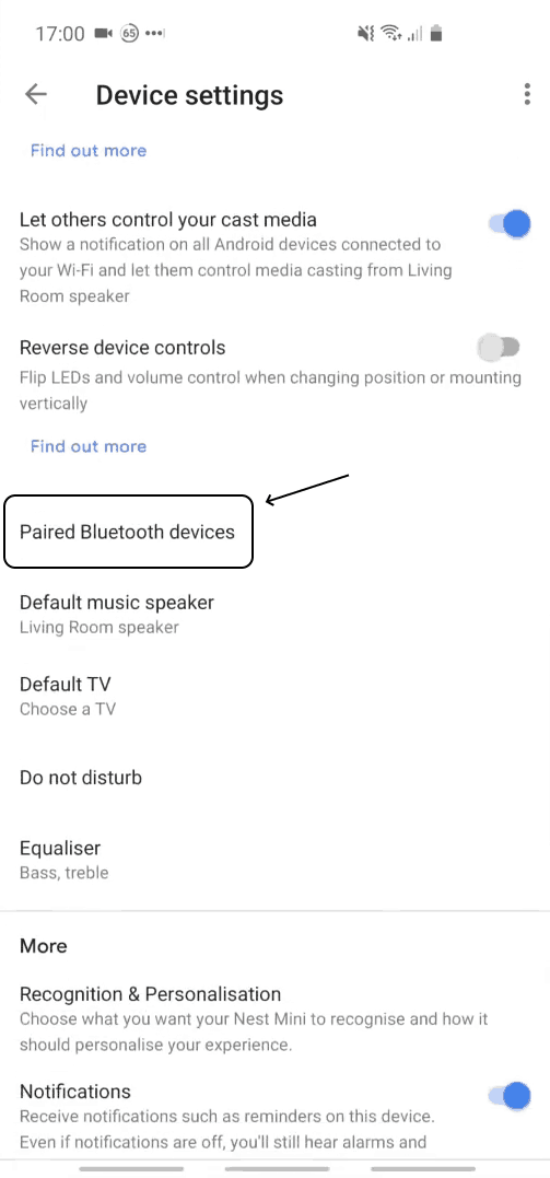 Screen of a mobile phone, showing how to go to the Google Mini's bluetooth settings from within Google Home app.