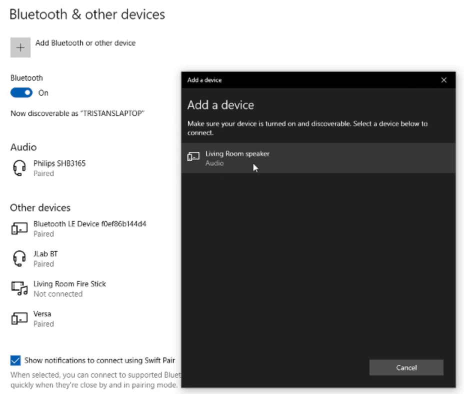 Screenshot of a Windows 10 laptop, showing how to pair a new Bluetooth device with your laptop.