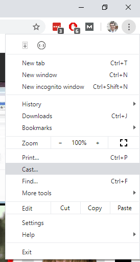 Screenshot of a Windows 10 laptop, showing the 'Cast...' option within Google Chrome.