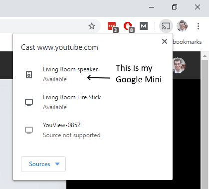 Screenshot of a Windows 10 laptop, showing the available casting options after you click on 'Cast...'. "Living Room speaker" is my Google Mini device.