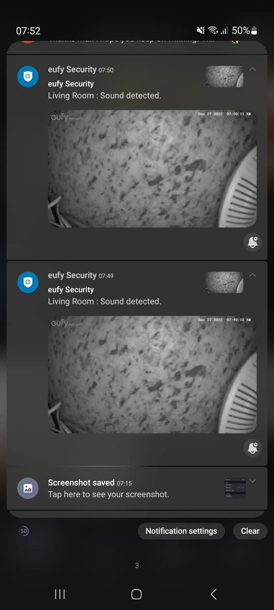 Two Eufy rich notifications saying that sound has been detected