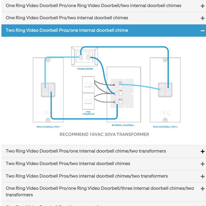 Various Ring wiring diagrams for multiple doorbells on one transformer