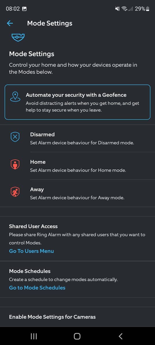 Various mode settings in the Ring app including the option to customize modes for cameras