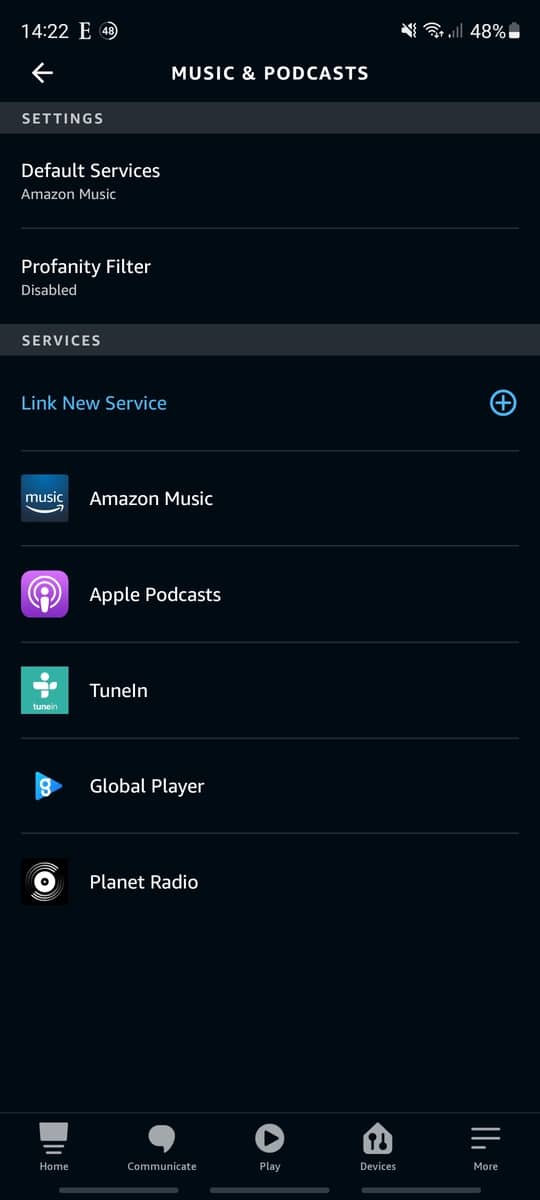 Various music services and skills that I have enabled on Amazon Alexa