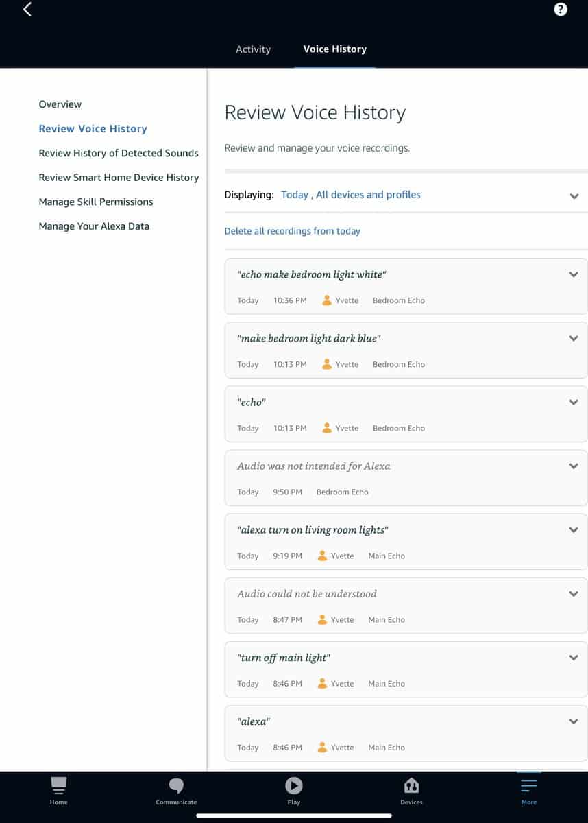 Voice History in the Alexa app