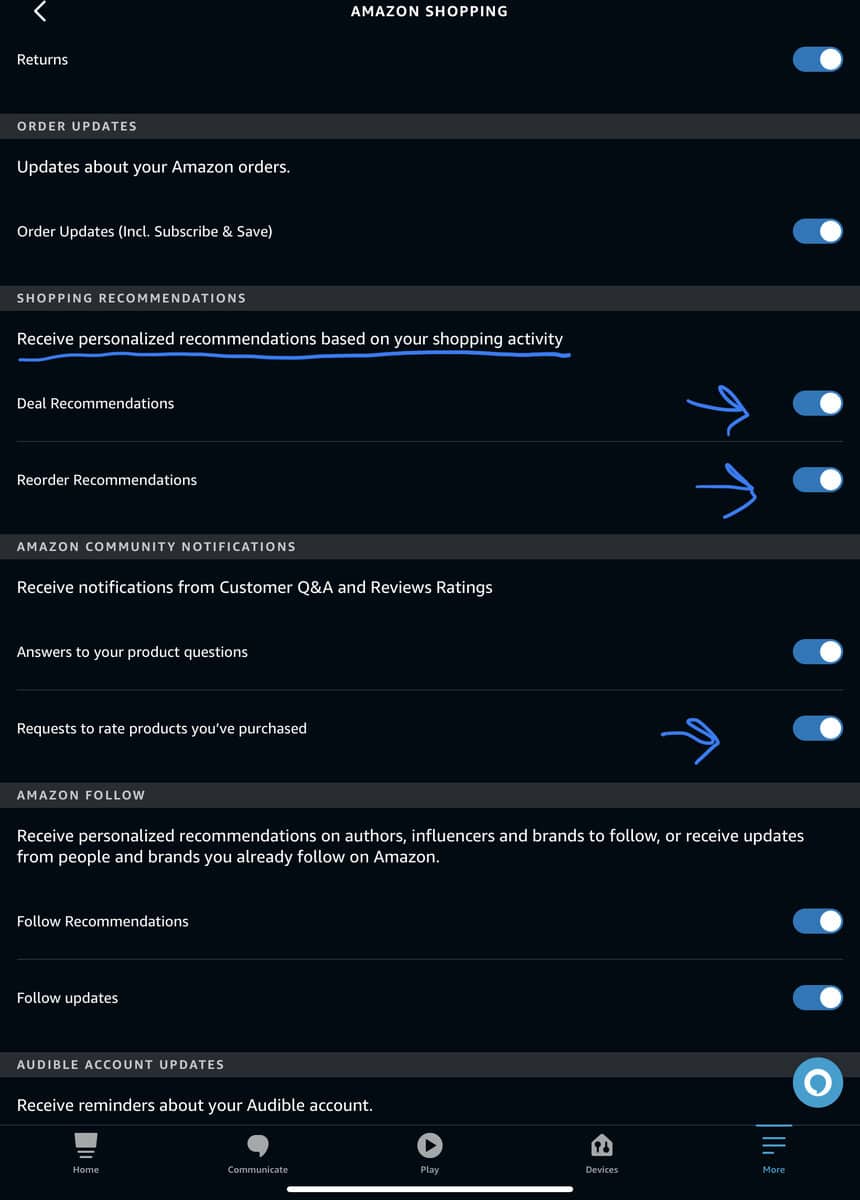 Where to adjust Amazon Shopping notifications in the Alexa app