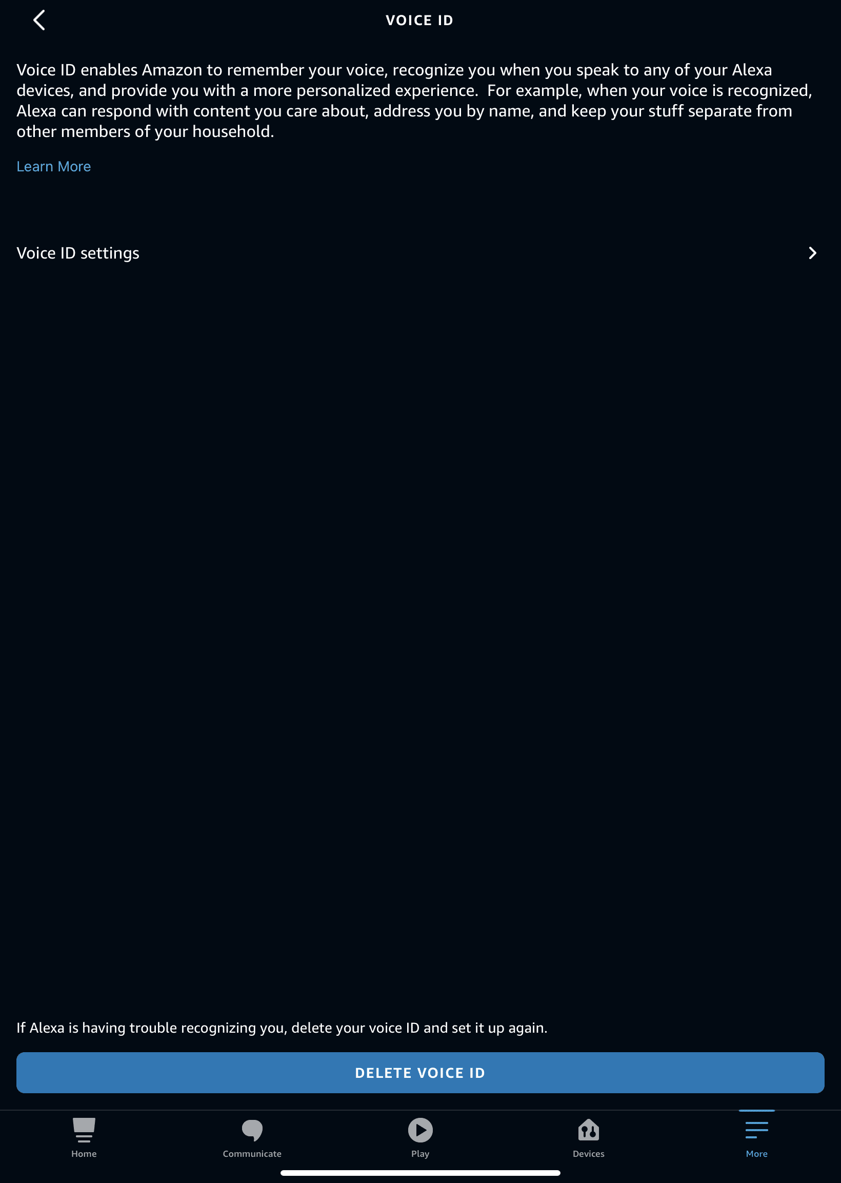 Where to delete voice ID in Alexa app