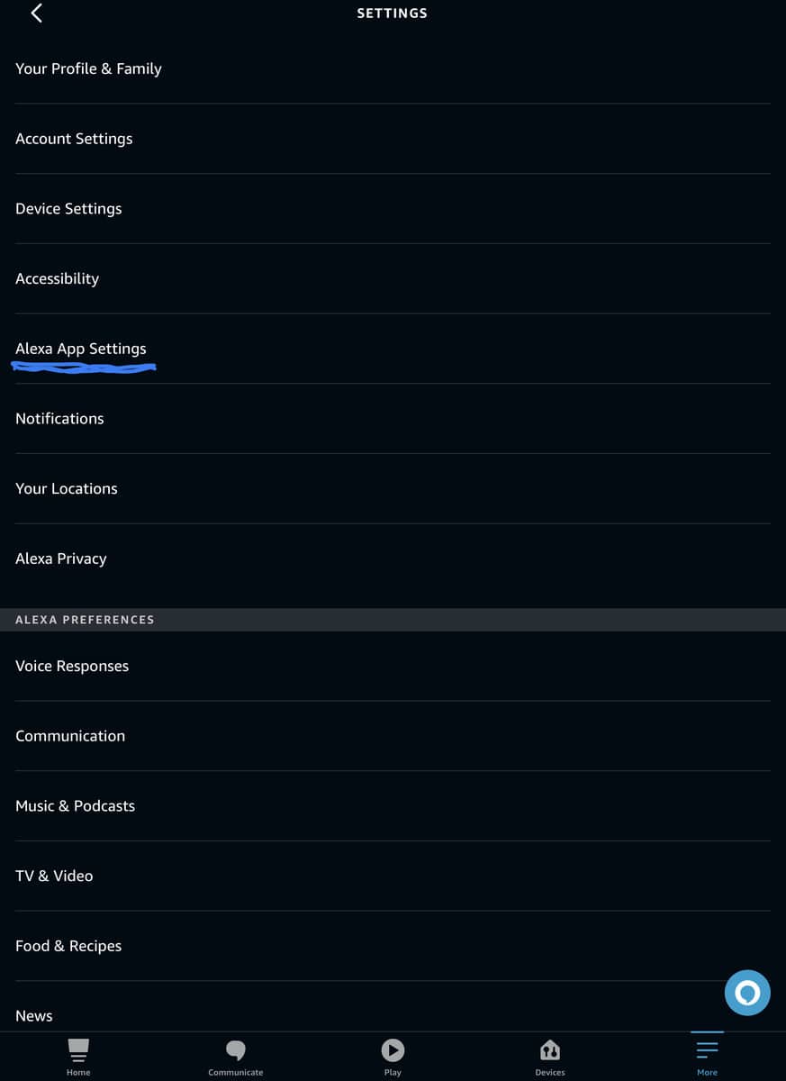 Where to find Alexa app Settings