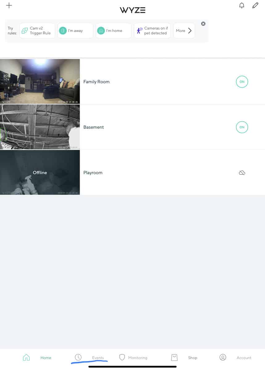 Where to find Events on Wyze app dashboard