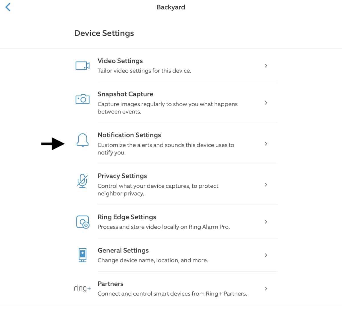 Where to find Notification Settings in Ring app