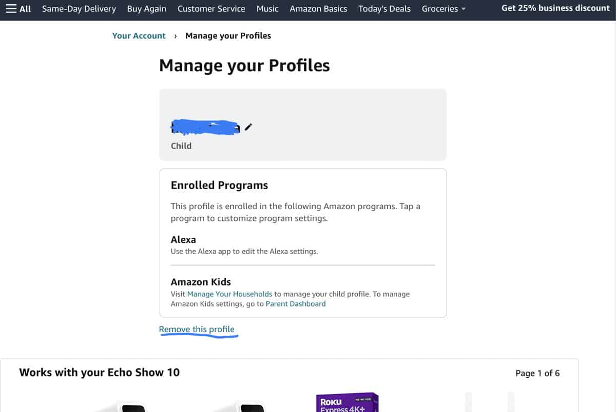 Where to remove profile on Amazon.com