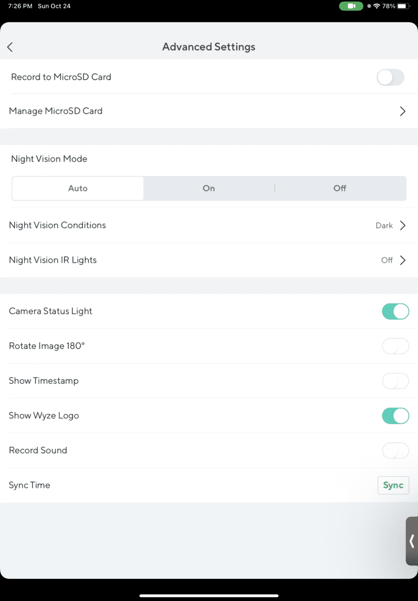 Wyze Advanced Settings when no SD card is present