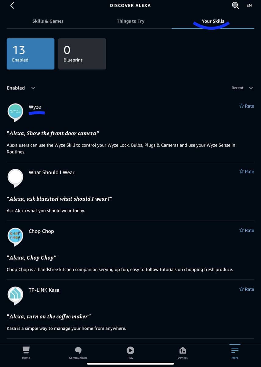 Wyze Skill in the Alexa app