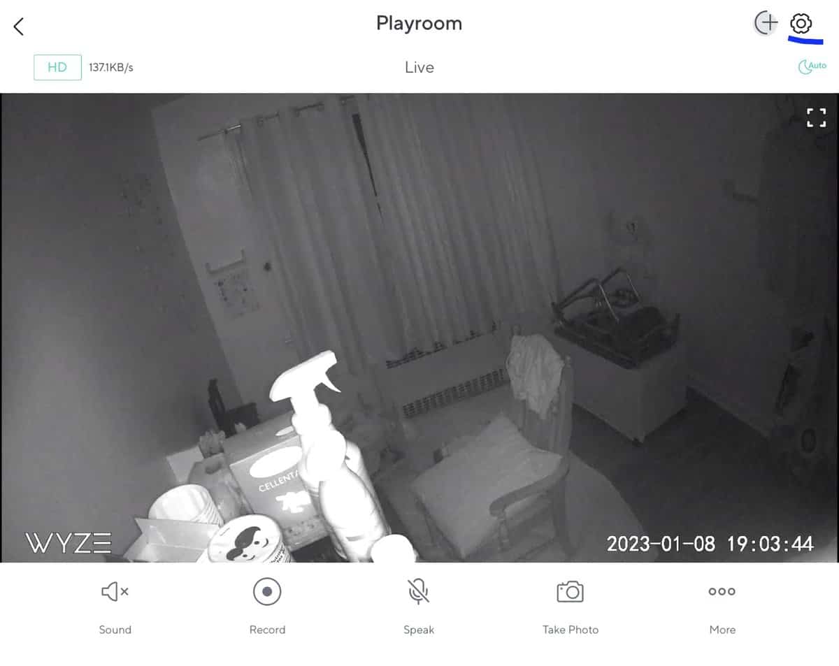 Wyze camera settings icon in Wyze app