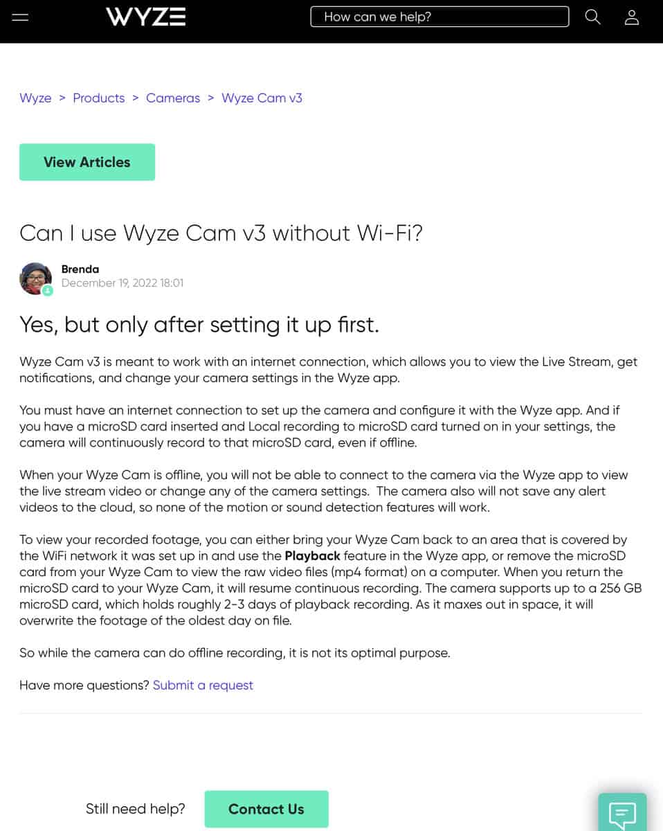 Wyze website confirming no internet needed