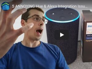 YouTube thumbnail for my 'Hue and Alexa integration issue' video, showing me looking annoyed in-front of an Echo and Hue bulb.