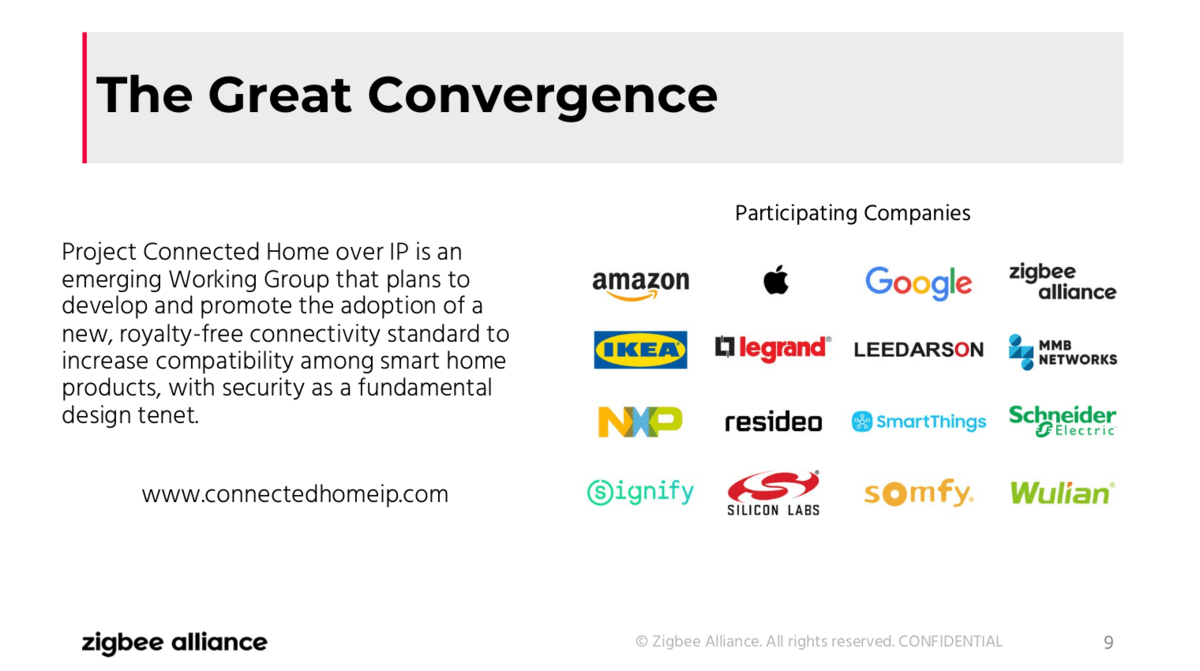 Zigbee Alliance Connected Home over IP webinar screenshot, showing how multiple leading smart home providers have "converged" to help make this standard.