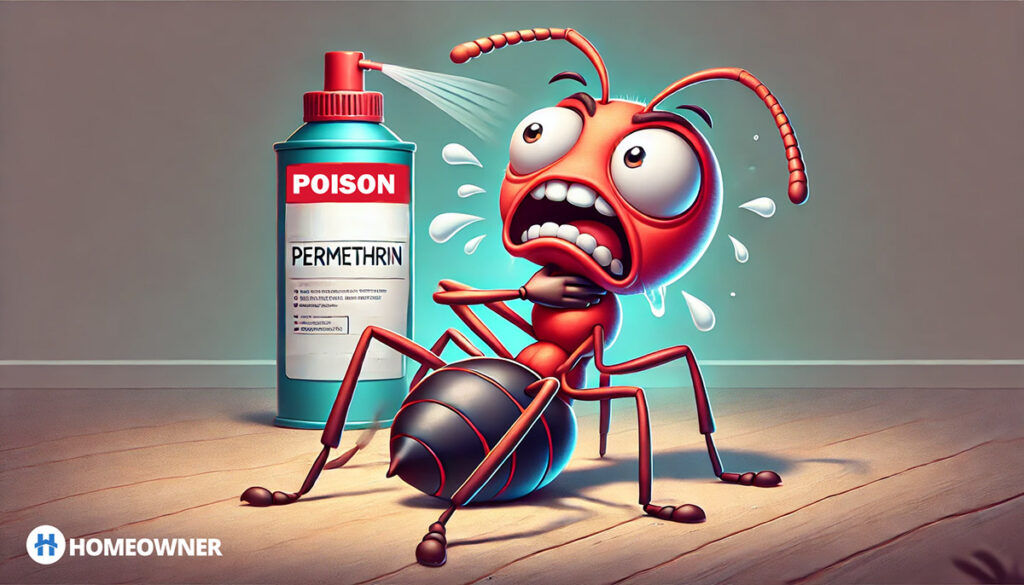 cartoon illustration of an ant dying from permethrin poison