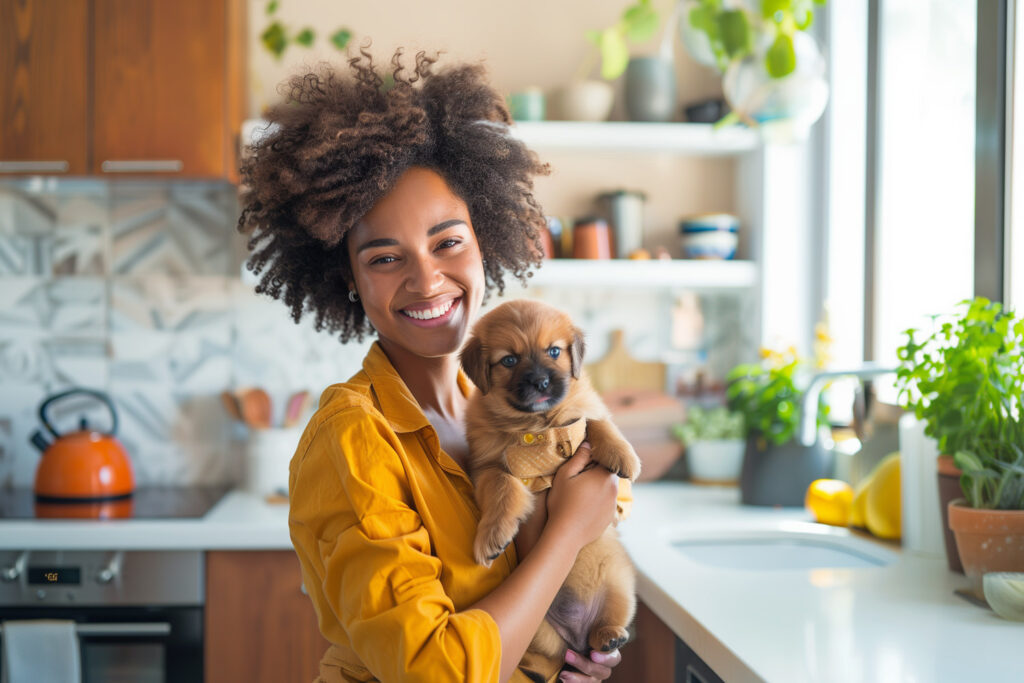 photo of a woman holding a puppy in the kitchen of her home