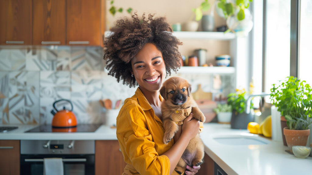 photo of a woman holding a puppy in the kitchen of her home