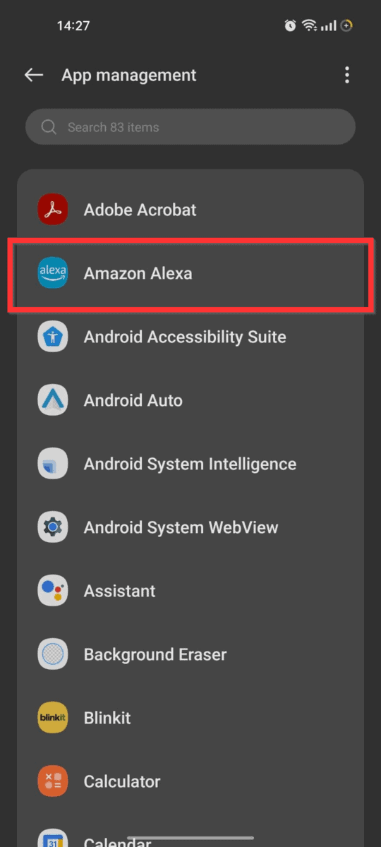 Find and select Amazon Alexa in the list of apps